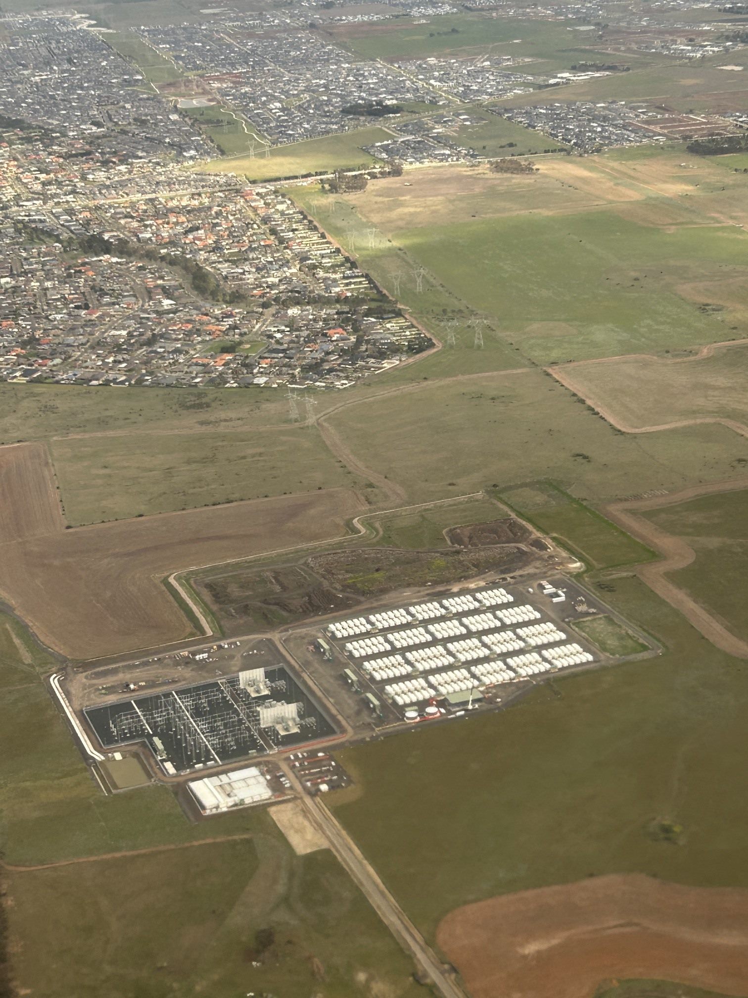 Aerial view of renewable energy hub and high-voltage substation
